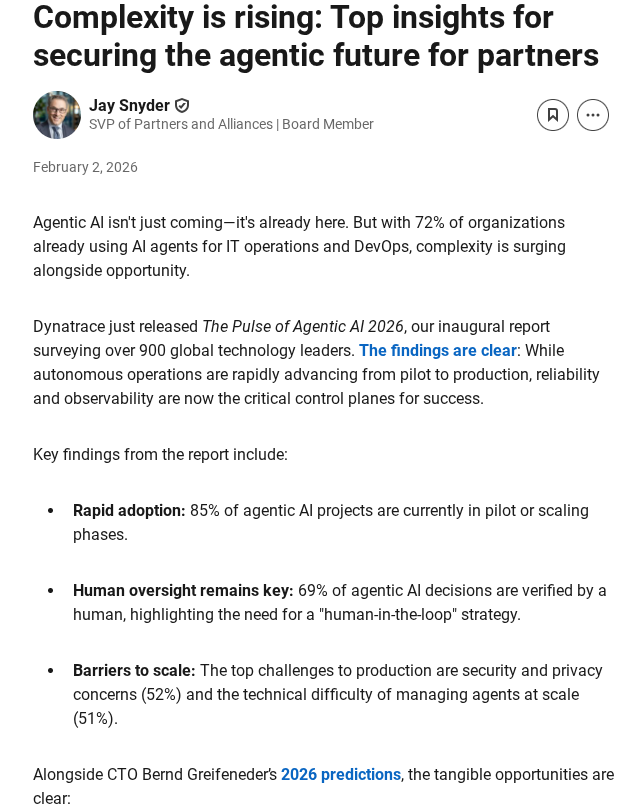 LinkedIn article ghostwritten for Dynatrace SVP of Partners and Alliances